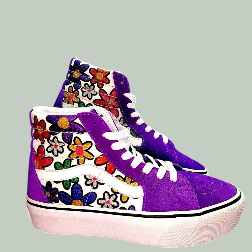VANS Sk8 Hi Platform Glitter Daisies Rainbow Purple Women's 7/Men's 5.5 UNISEX